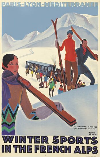 ROGER BRODERS (1883-1953). WINTER SPORTS IN THE FRENCH ALPS. Circa 1929. 40x25 inches, 101x64 cm. Lucien Serre, Paris.